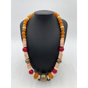 Handcrafted Bohemian Beaded Necklace With Ornate Brass Accent Beads & Marbled Re
